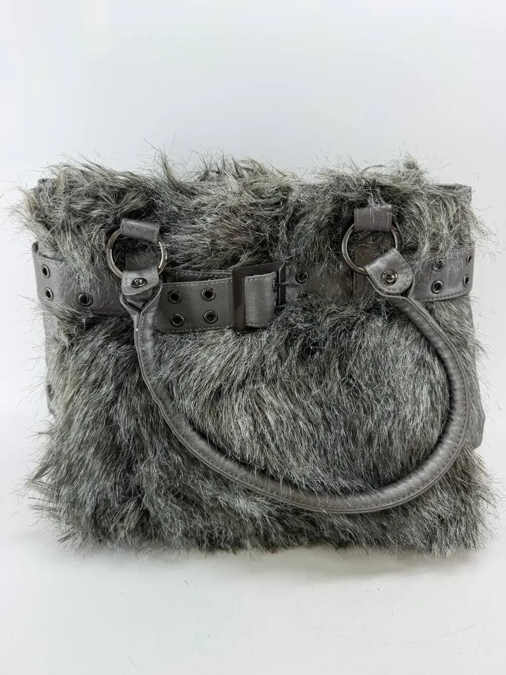 Bueno Gray Faux Fur Shoulder Handbag Double Handle Bronze Hardware Belt Accent